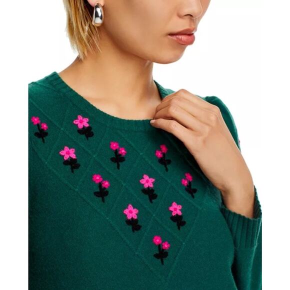 Aqua Cashmere 100% Green Sweater Pink Embroidered Flower Design Women's Size XS - Picture 4 of 15